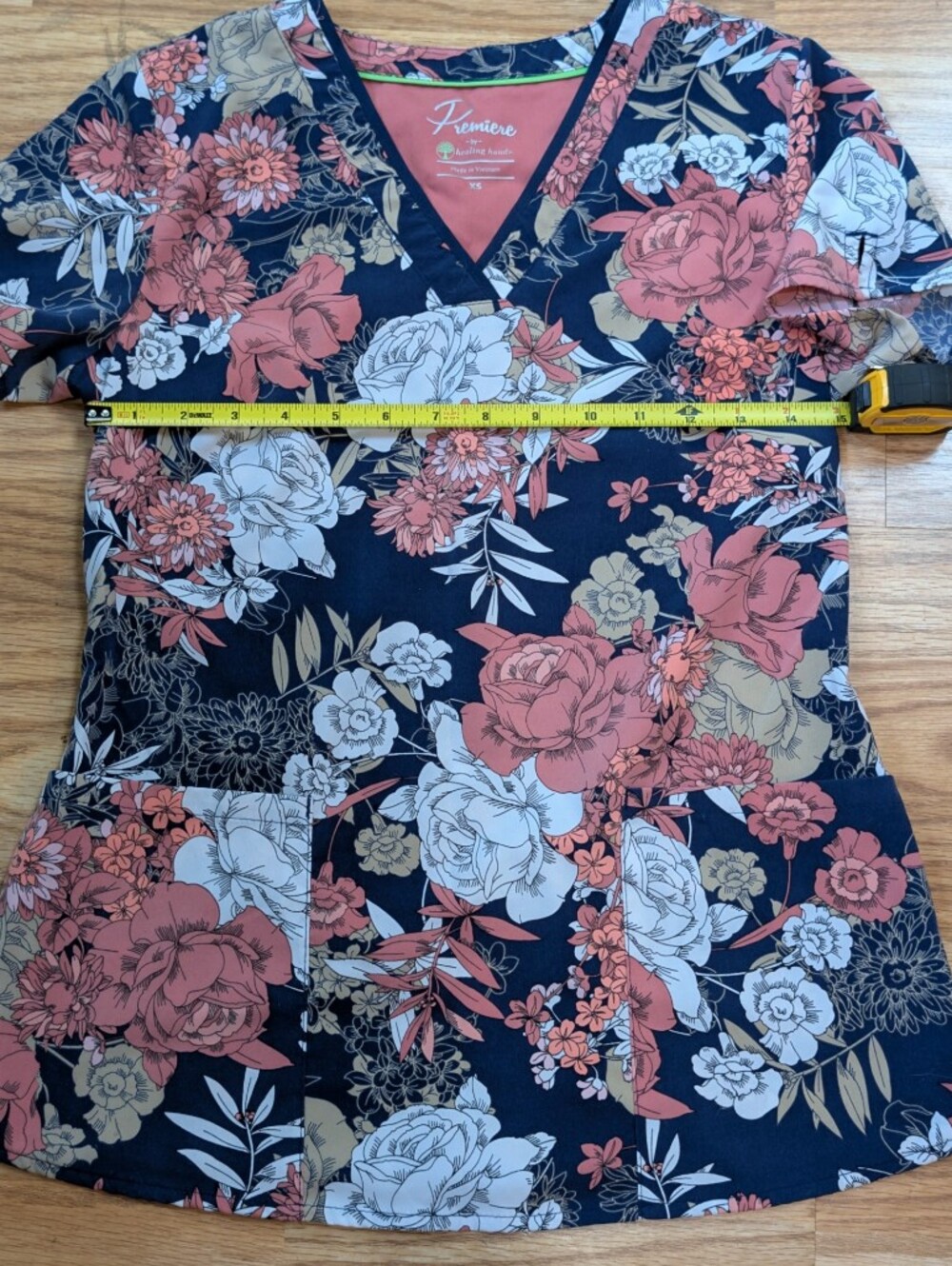 healing hands Navy Floral V‑Neck Top with Coral & White Blooms - Picture 3 of 4